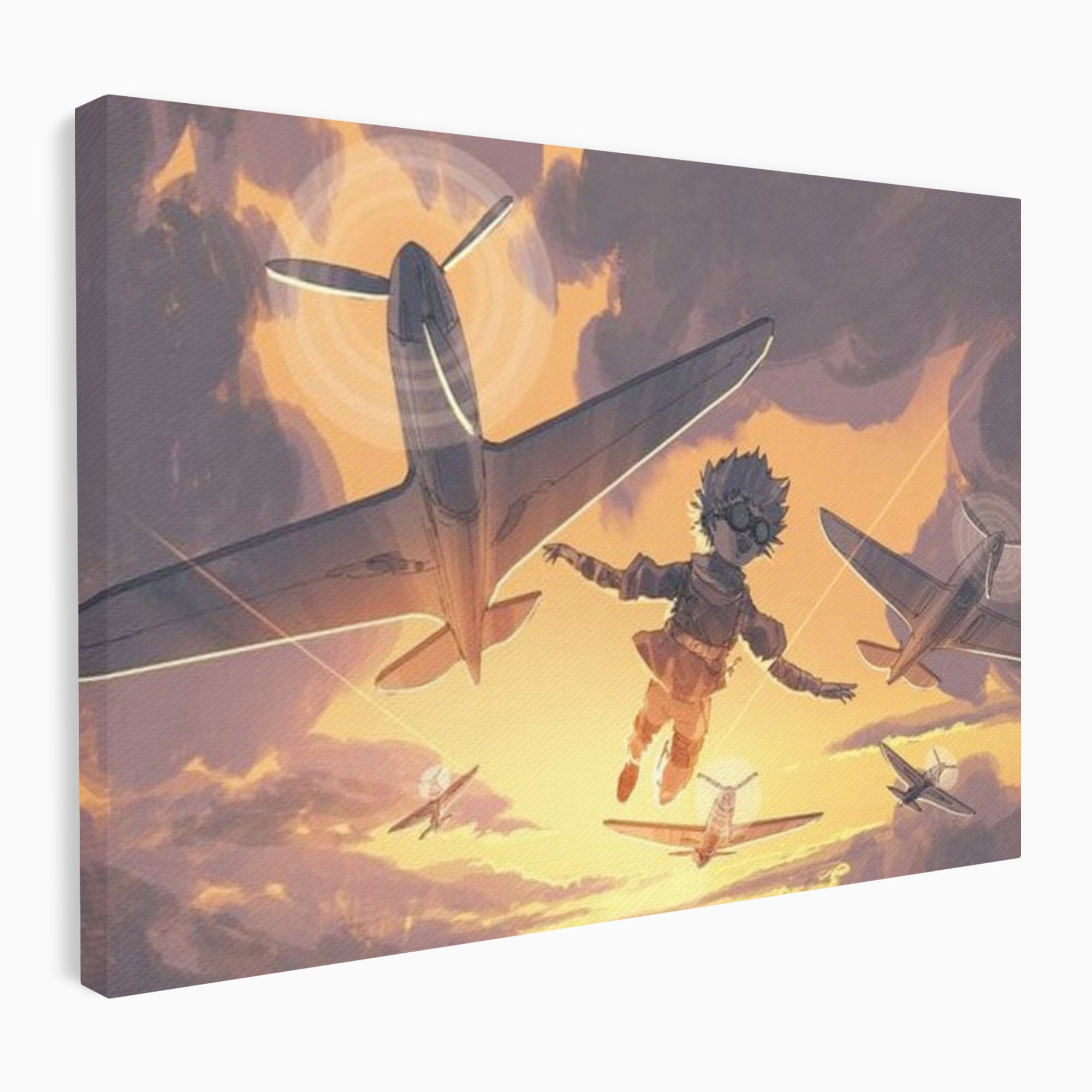 Tablou canvas cu ilustratie digitala cu un baietel zburand alaturi de avioane, fara rama, pe sasiu de lemn